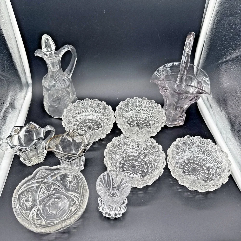 Vintage Pressed and Cut Glass Collection 10 Piece Set Bowls Decanter Basket
